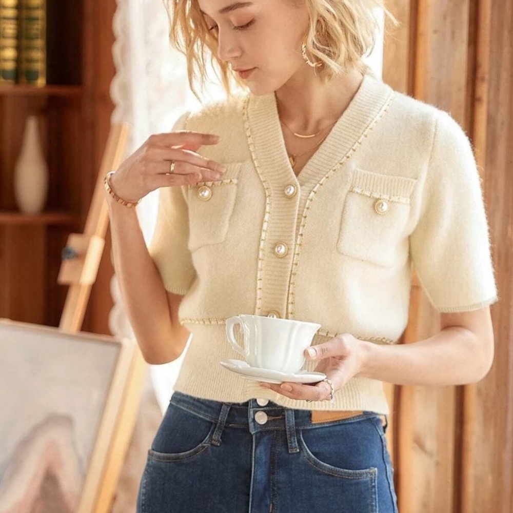 Beige Boho Womens Knit Mix Dual Pocket Button Front Cardigan